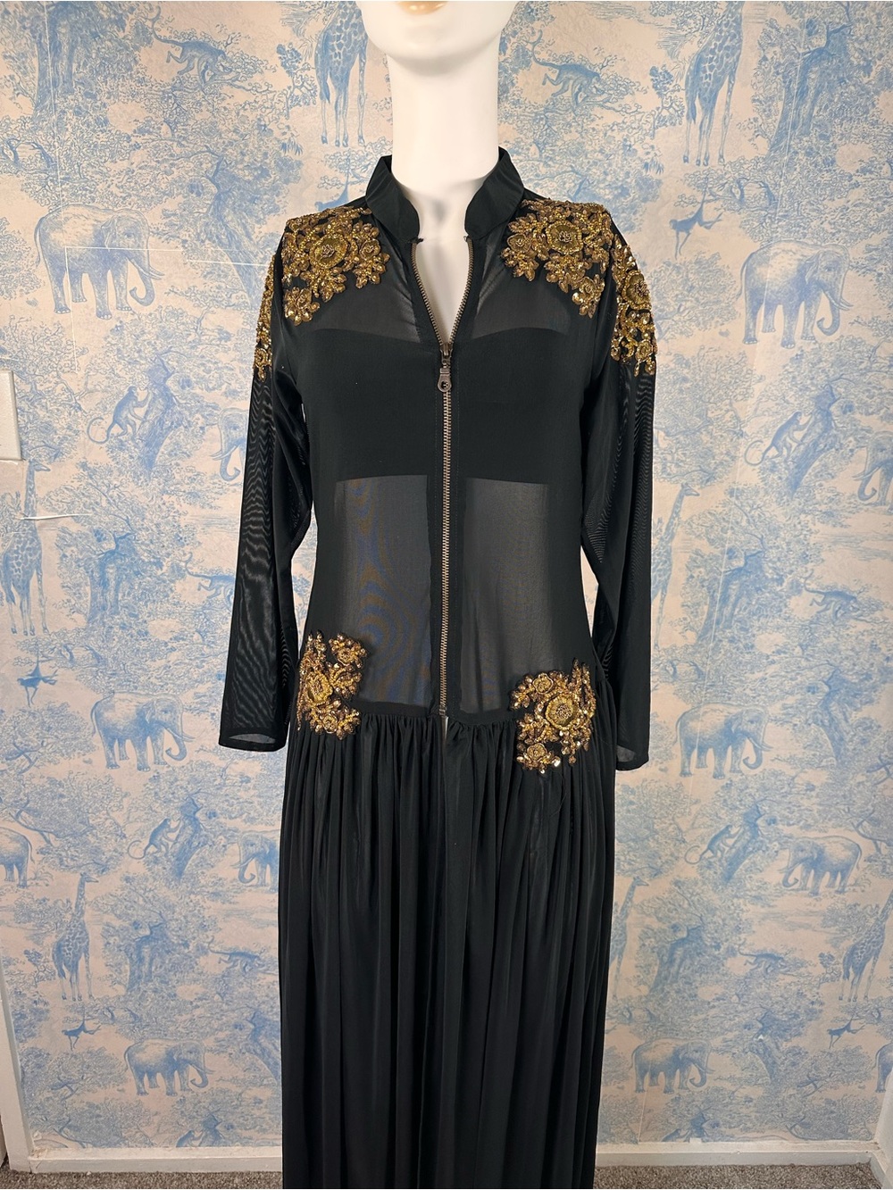 Vintage Black Mesh Zip-Front Maxi duster with Gold Appliqué - Picture 2 of 5